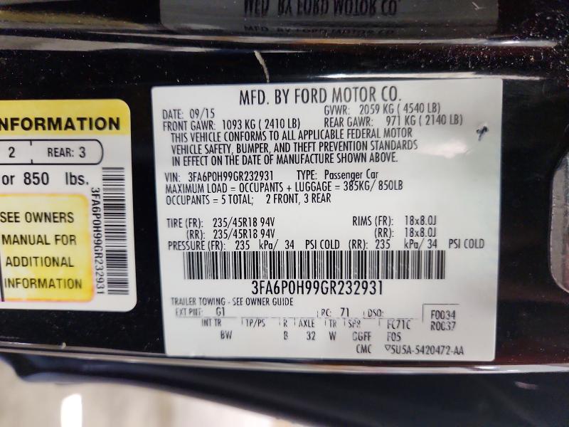 Aukcja sprzedaży 2016 Ford Fusion, vin: 3FA6P0H99GR232931, numer aukcji: 57659136