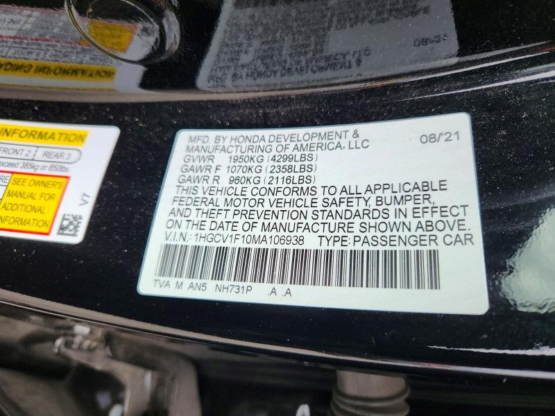 Продажа на аукционе авто 2021 Honda Accord, vin: 1HGCV1F10MA106938, номер лота: 59171396