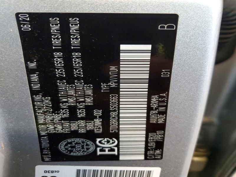 2020 Toyota Highlander მანქანა იყიდება აუქციონზე, vin: 5TDGBRCH8LS503663, აუქციონის ნომერი: 59321806