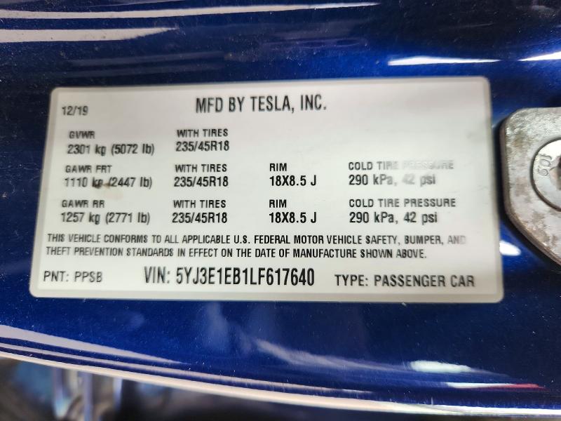 Продаж на аукціоні авто 2020 Tesla Model 3, vin: 5YJ3E1EB1LF617640, номер лоту: 56652206