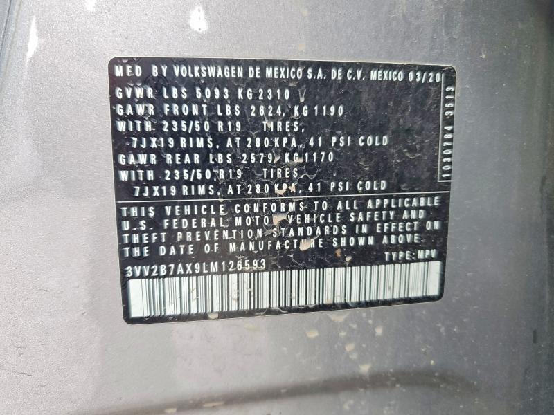 57348546 :رقم المزاد ، 3VV2B7AX9LM126593 vin ، 2020 Volkswagen Tiguan مزاد بيع