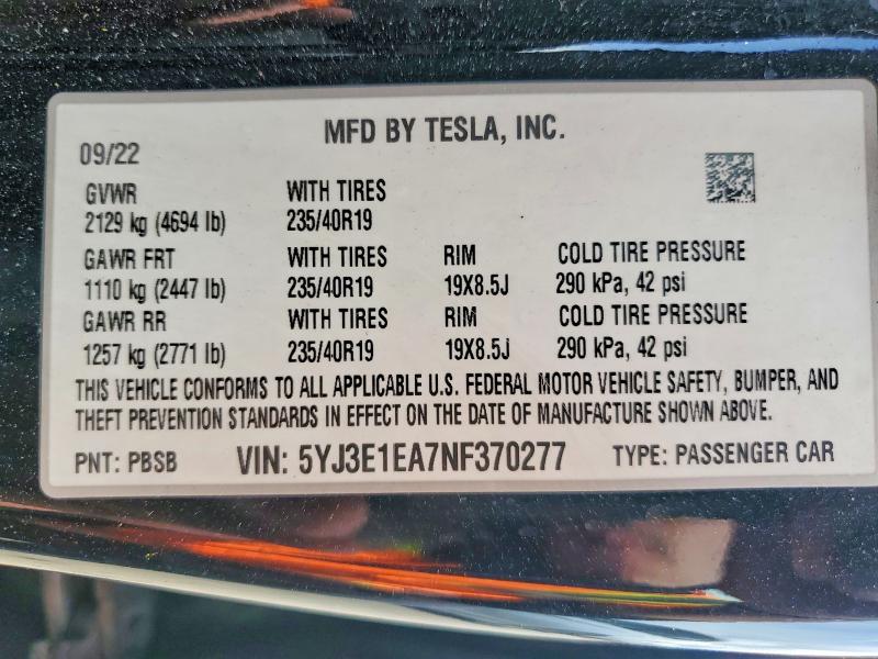 2022 Tesla Model 3 მანქანა იყიდება აუქციონზე, vin: 5YJ3E1EA7NF370277, აუქციონის ნომერი: 56848136