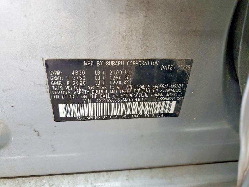 59168556 :رقم المزاد ، 4S3BWAC62M3004617 vin ، 2021 Subaru Legacy مزاد بيع