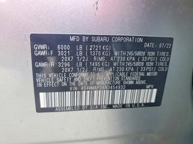 56164126 :رقم المزاد ، 4S4WMAPD6N3454932 vin ، 2022 Subaru Ascent مزاد بيع