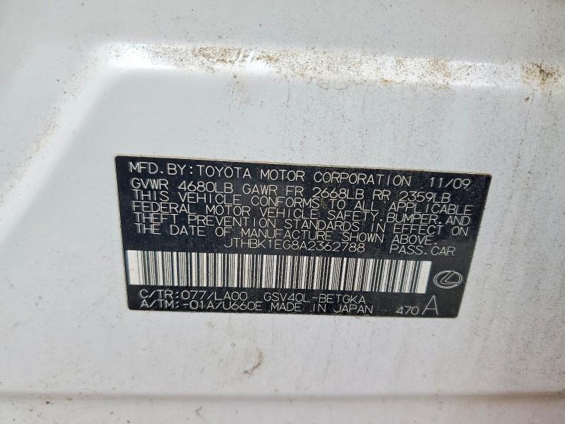 58549376 :رقم المزاد ، JTHBK1EG8A2362788 vin ، 2010 Lexus Es مزاد بيع