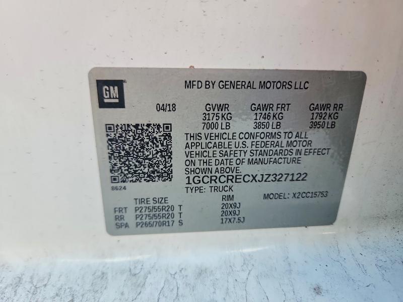2018 Chevrolet Silverado მანქანა იყიდება აუქციონზე, vin: 1GCRCRECXJZ327122, აუქციონის ნომერი: 58118086