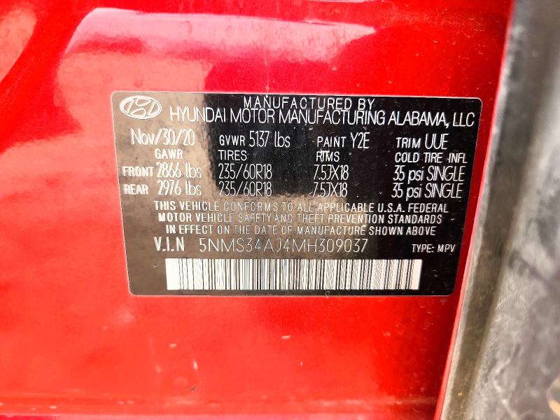 Продажа на аукционе авто 2021 Hyundai Santa Fe, vin: 5NMS34AJ4MH309037, номер лота: 58132806