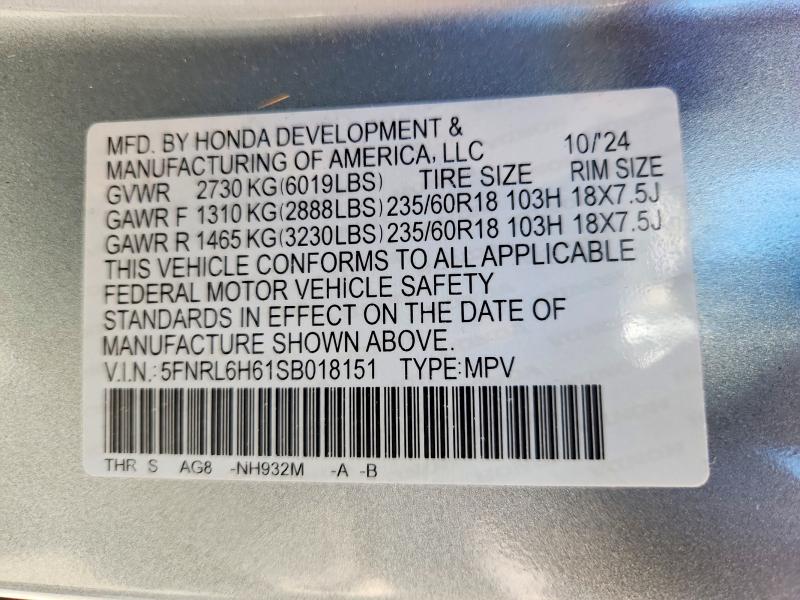 Продаж на аукціоні авто 2025 Honda Odyssey, vin: 5FNRL6H61SB018151, номер лоту: 56830666
