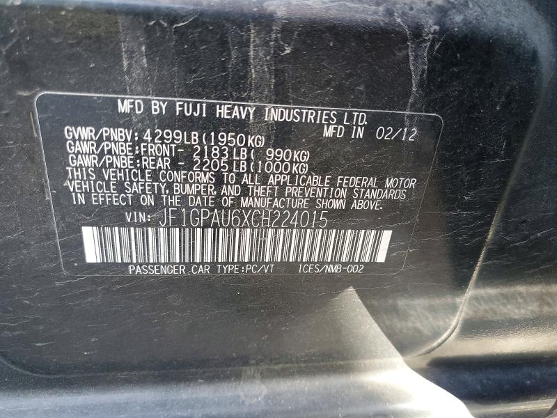 Aukcja sprzedaży 2012 Subaru Impreza, vin: JF1GPAU6XCH224015, numer aukcji: 56275676