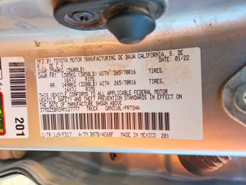 59152436 :رقم المزاد ، 3TMDZ5BN3NM127777 vin ، 2022 Toyota Tacoma مزاد بيع