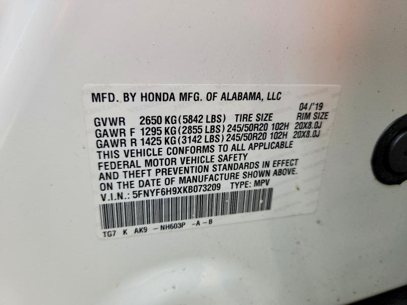 2019 Honda Pilot მანქანა იყიდება აუქციონზე, vin: 5FNYF6H9XKB073209, აუქციონის ნომერი: 56238586