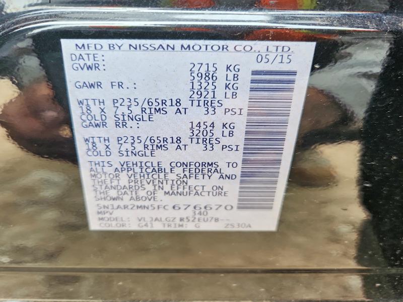 Продажа на аукционе авто 2015 Nissan Pathfinder, vin: 5N1AR2MN5FC676670, номер лота: 55964496