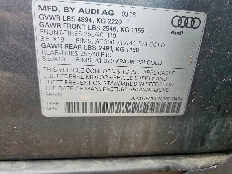 2016 Audi Q3 მანქანა იყიდება აუქციონზე, vin: WA1GFCFS7GR019474, აუქციონის ნომერი: 58559006