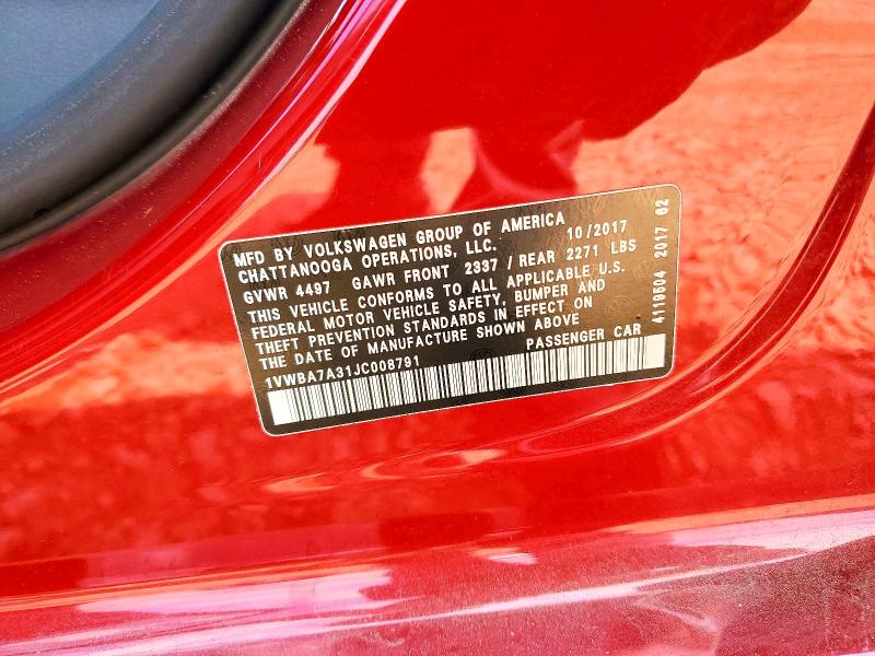55192026 :رقم المزاد ، 1VWBA7A31JC008791 vin ، 2018 Volkswagen Passat مزاد بيع