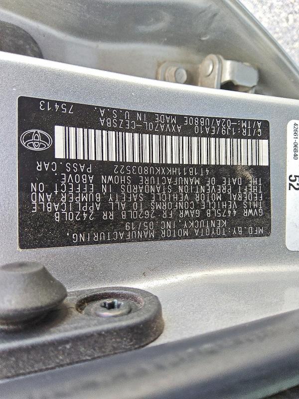 58244256 :رقم المزاد ، 4T1B11HKXKU803522 vin ، 2019 Toyota Camry مزاد بيع