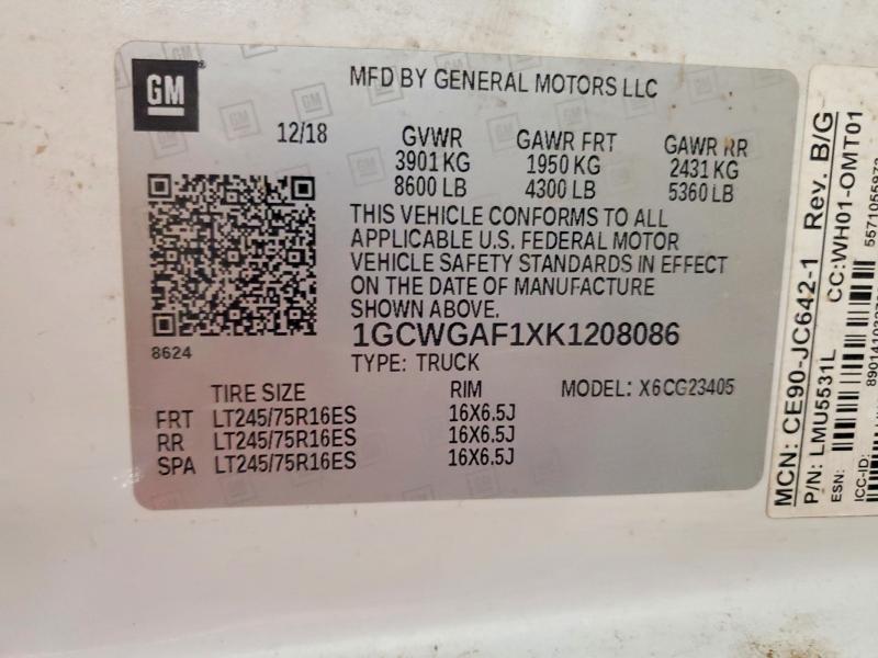 2019 Chevrolet Express 2500 მანქანა იყიდება აუქციონზე, vin: 1GCWGAF1XK1208086, აუქციონის ნომერი: 58370616