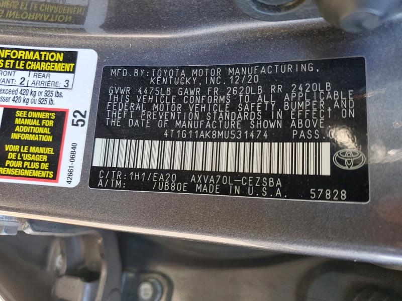 Aukcja sprzedaży 2021 Toyota Camry, vin: 4T1G11AK8MU531474, numer aukcji: 57698026