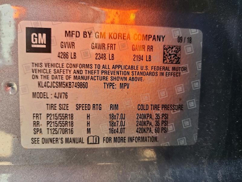 2019 Buick Encore მანქანა იყიდება აუქციონზე, vin: KL4CJCSM5KB749860, აუქციონის ნომერი: 57316816