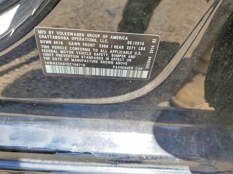 56766016 :رقم المزاد ، 1VWAS7A31EC106718 vin ، 2014 Volkswagen Passat مزاد بيع