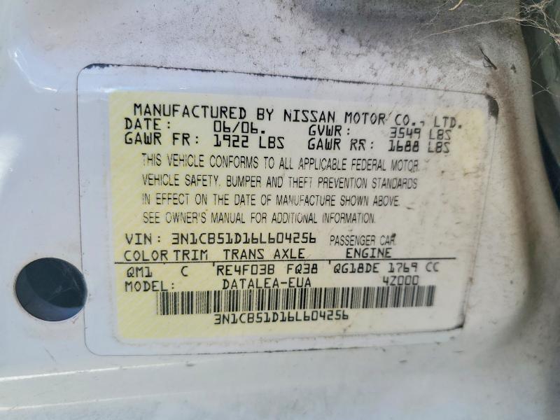 2006 Nissan Sentra მანქანა იყიდება აუქციონზე, vin: 3N1CB51D16L604256, აუქციონის ნომერი: 55576246