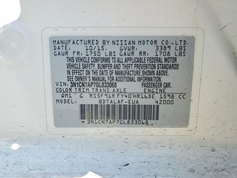 57329326 :رقم المزاد ، 3N1CN7AP7GL833068 vin ، 2016 Nissan Versa مزاد بيع