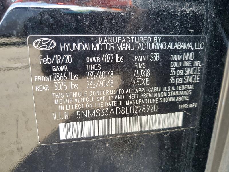 57539066 :رقم المزاد ، 5NMS33AD8LH228920 vin ، 2020 Hyundai Santa Fe مزاد بيع