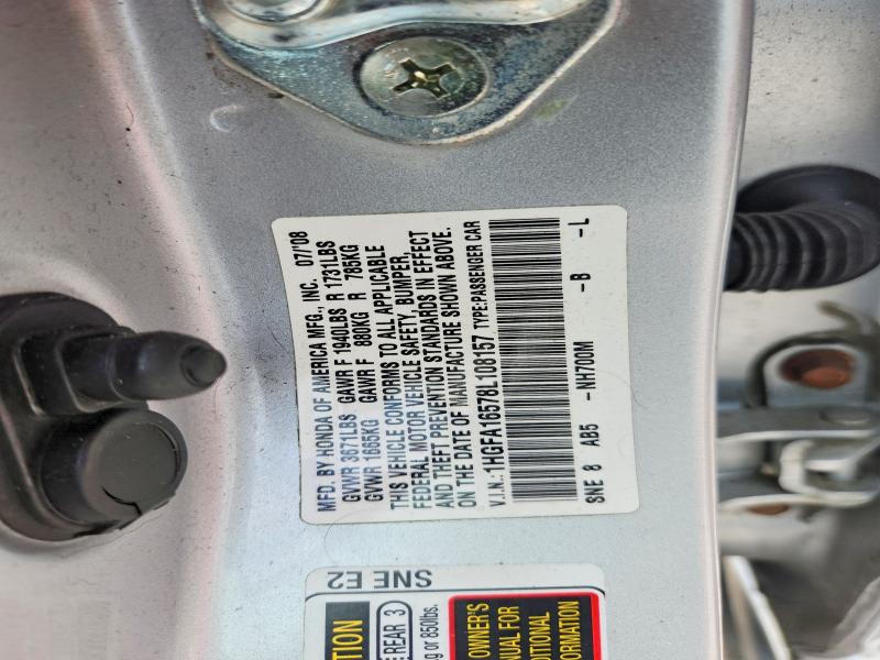 2008 Honda Civic მანქანა იყიდება აუქციონზე, vin: 1HGFA16578L108157, აუქციონის ნომერი: 59310556