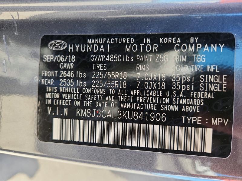 Aukcja sprzedaży 2019 Hyundai Tucson, vin: KM8J3CAL3KU841906, numer aukcji: 55894466