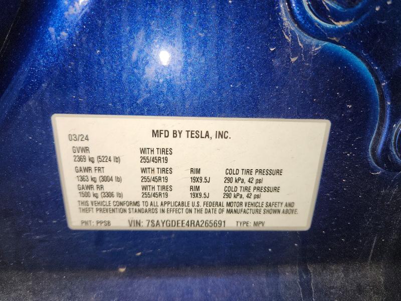 2024 Tesla Model Y მანქანა იყიდება აუქციონზე, vin: 7SAYGDEE4RA265691, აუქციონის ნომერი: 54946126