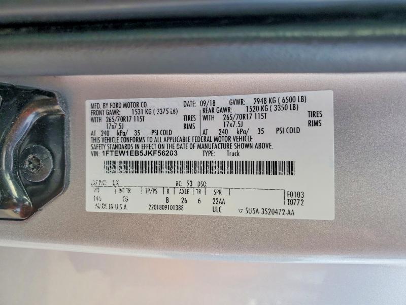 2018 Ford F150 მანქანა იყიდება აუქციონზე, vin: 1FTEW1EB5JKF56203, აუქციონის ნომერი: 58065486