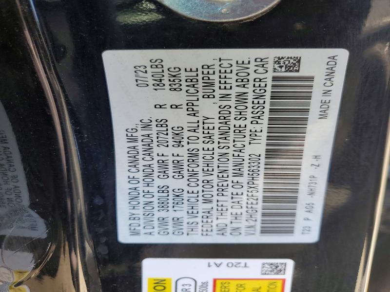 2023 Honda Civic მანქანა იყიდება აუქციონზე, vin: 2HGFE2F5XPH563302, აუქციონის ნომერი: 57888026