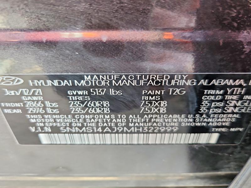 2021 Hyundai Santa Fe მანქანა იყიდება აუქციონზე, vin: 5NMS14AJ9MH322999, აუქციონის ნომერი: 59309186