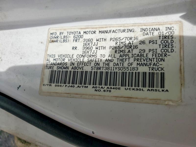 Продаж на аукціоні авто 2000 Toyota Tundra, vin: 5TBRT3811YS055183, номер лоту: 57427176