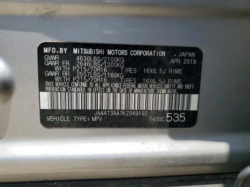 58061296 :رقم المزاد ، JA4AT3AA7KZ049192 vin ، 2019 Mitsubishi Eclipse Cross مزاد بيع