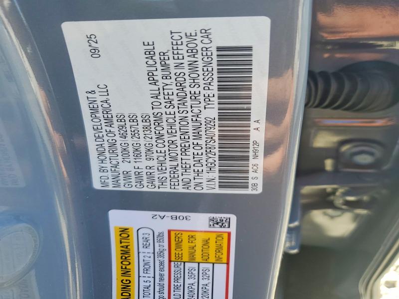 Продажа на аукционе авто 2025 Honda Accord, vin: 1HGCY2F87SA079292, номер лота: 58114636