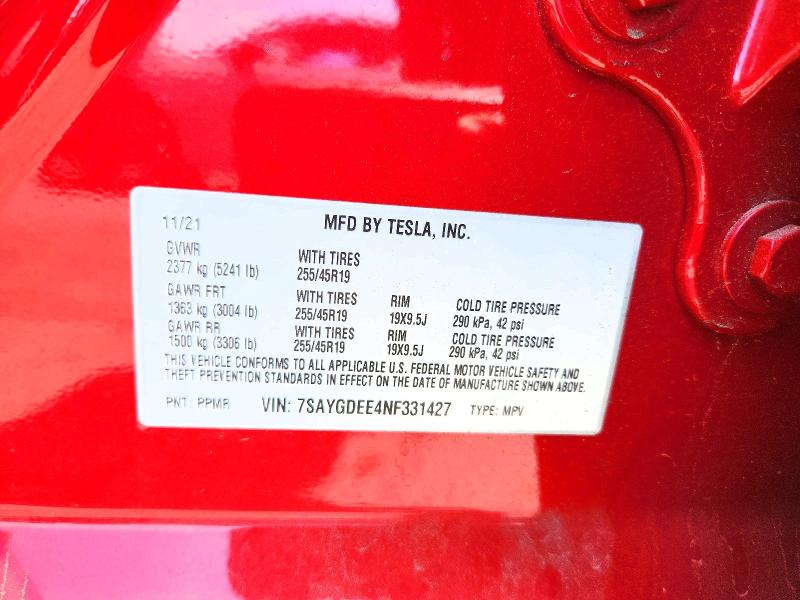 57649826 :رقم المزاد ، 7SAYGDEE4NF331427 vin ، 2022 Tesla Model Y مزاد بيع