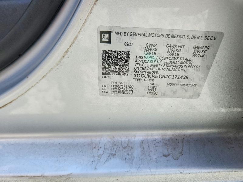 2018 Chevrolet Silverado მანქანა იყიდება აუქციონზე, vin: 3GCUKREC5JG171438, აუქციონის ნომერი: 57053136
