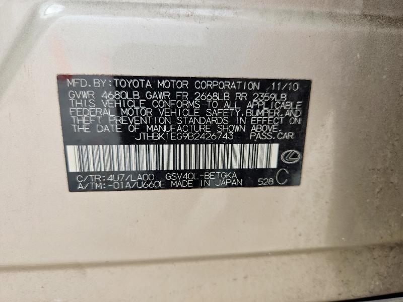2011 Lexus Es მანქანა იყიდება აუქციონზე, vin: JTHBK1EG9B2426743, აუქციონის ნომერი: 57856446