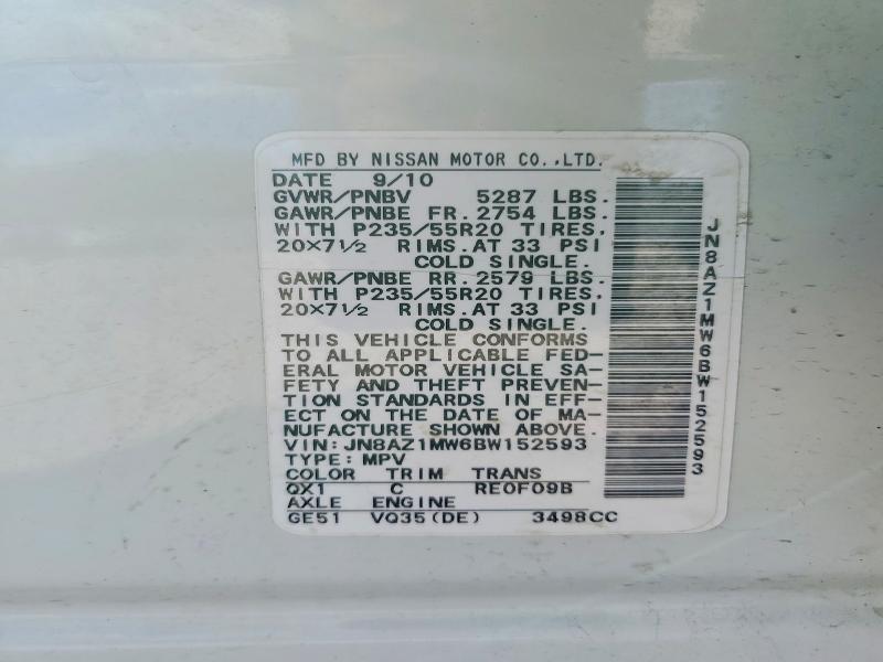 2011 Nissan Murano მანქანა იყიდება აუქციონზე, vin: JN8AZ1MW6BW152593, აუქციონის ნომერი: 58124296