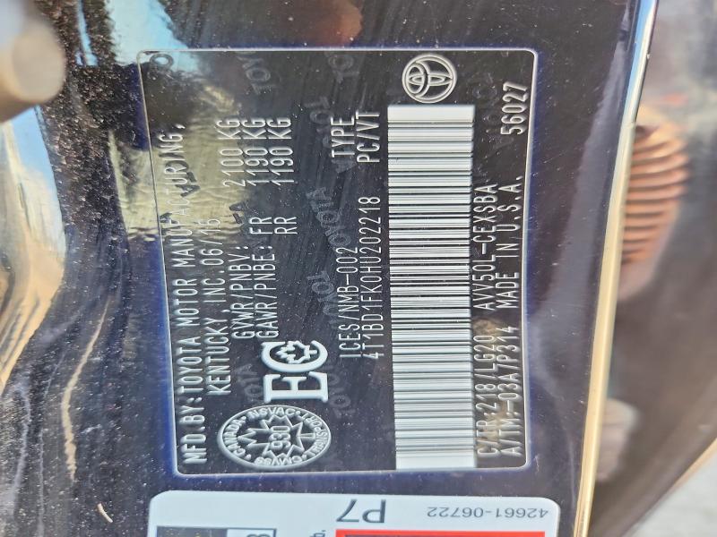55505346 :رقم المزاد ، 4T1BD1FK0HU202218 vin ، 2017 Toyota Camry Hybrid مزاد بيع