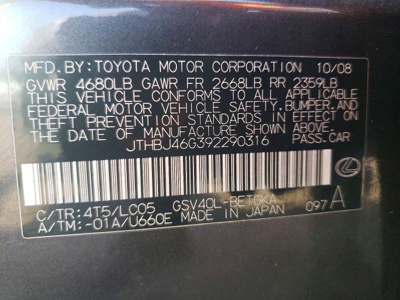 Продажа на аукционе авто 2009 Lexus Es, vin: JTHBJ46G392290316, номер лота: 56168486