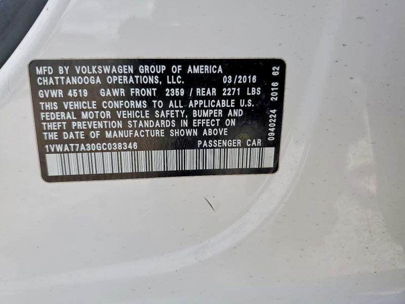 2016 Volkswagen Passat მანქანა იყიდება აუქციონზე, vin: 1VWAT7A30GC038346, აუქციონის ნომერი: 56051386