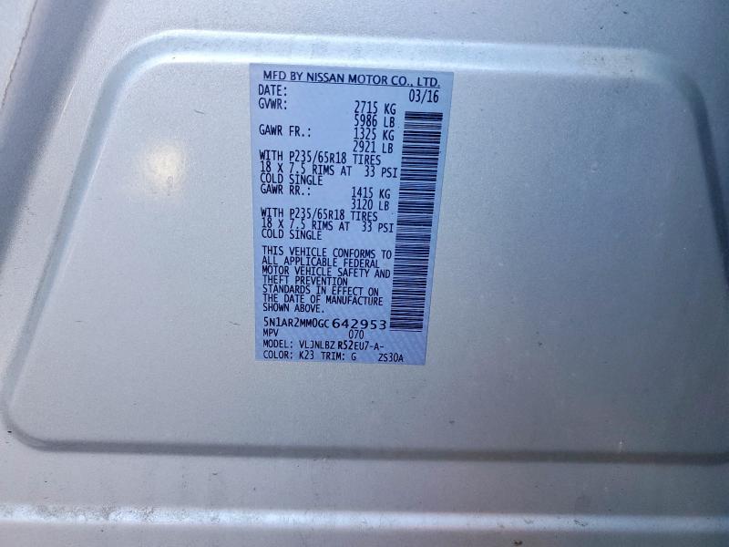 2016 Nissan Pathfinder მანქანა იყიდება აუქციონზე, vin: 5N1AR2MM0GC642953, აუქციონის ნომერი: 56150126