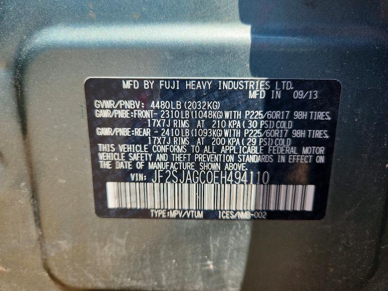 Aukcja sprzedaży 2014 Subaru Forester, vin: JF2SJAGC0EH494110, numer aukcji: 59314176