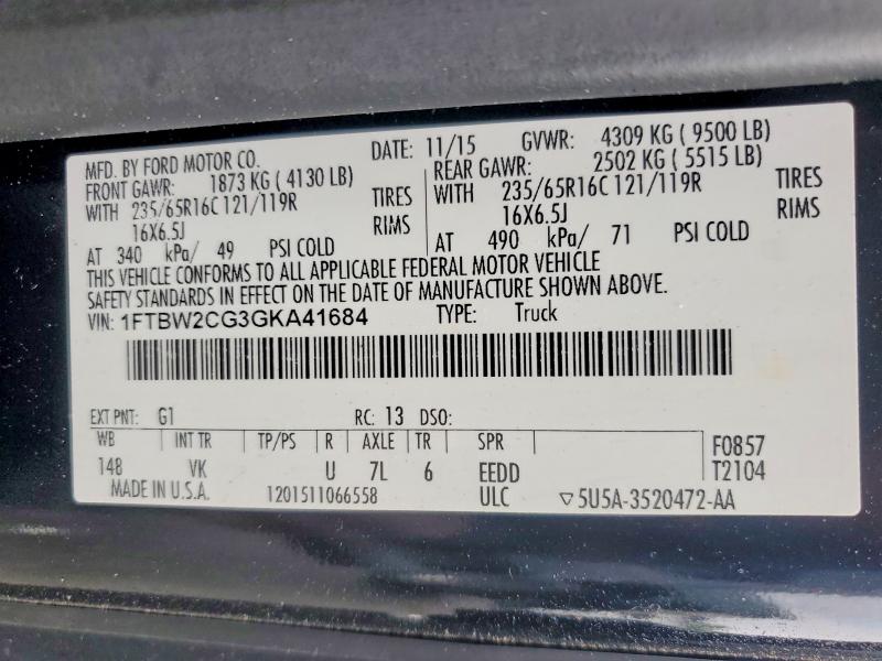 58078516 :رقم المزاد ، 1FTBW2CG3GKA41684 vin ، 2016 Ford Transit مزاد بيع