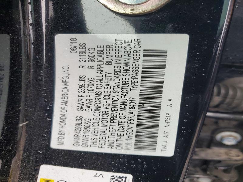 Aukcja sprzedaży 2018 Honda Accord, vin: 1HGCV1F57JA184017, numer aukcji: 56503506
