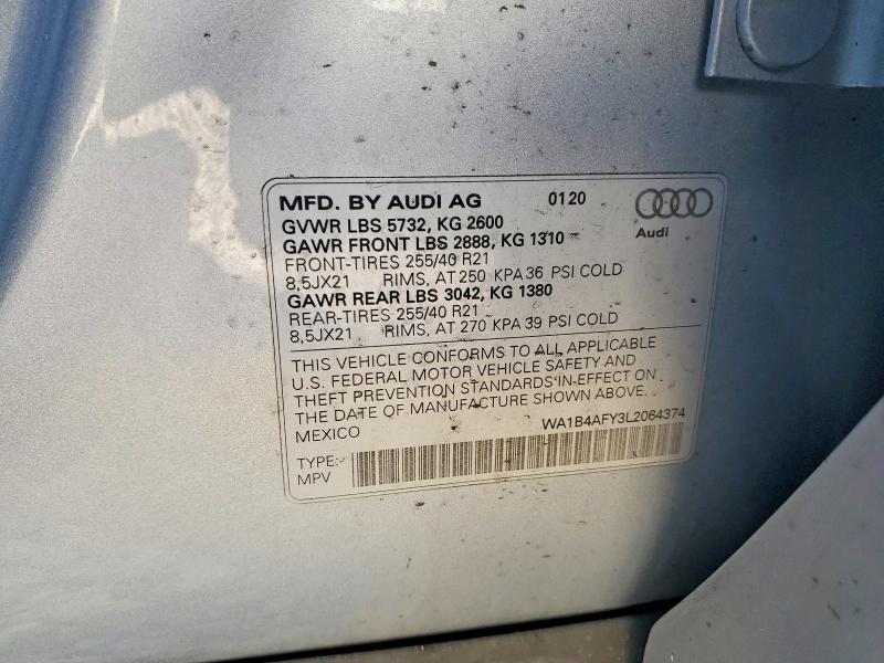 55545366 :رقم المزاد ، WA1B4AFY3L2064374 vin ، 2020 Audi Sq5 مزاد بيع