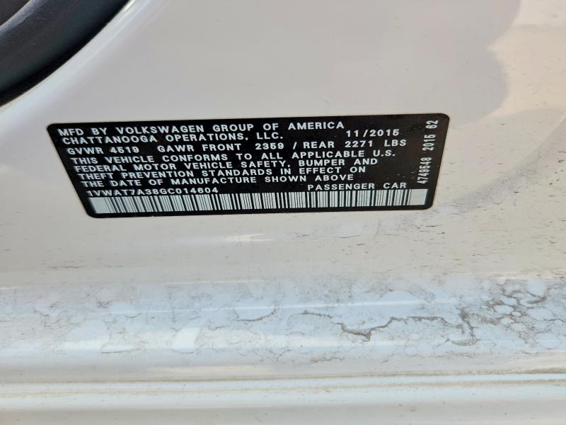 2016 Volkswagen Passat მანქანა იყიდება აუქციონზე, vin: 1VWAT7A38GC014604, აუქციონის ნომერი: 59136946