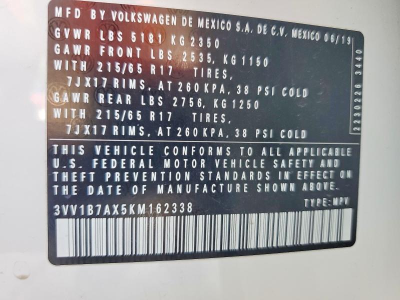 Aukcja sprzedaży 2019 Volkswagen Tiguan, vin: 3VV1B7AX5KM162338, numer aukcji: 56375026