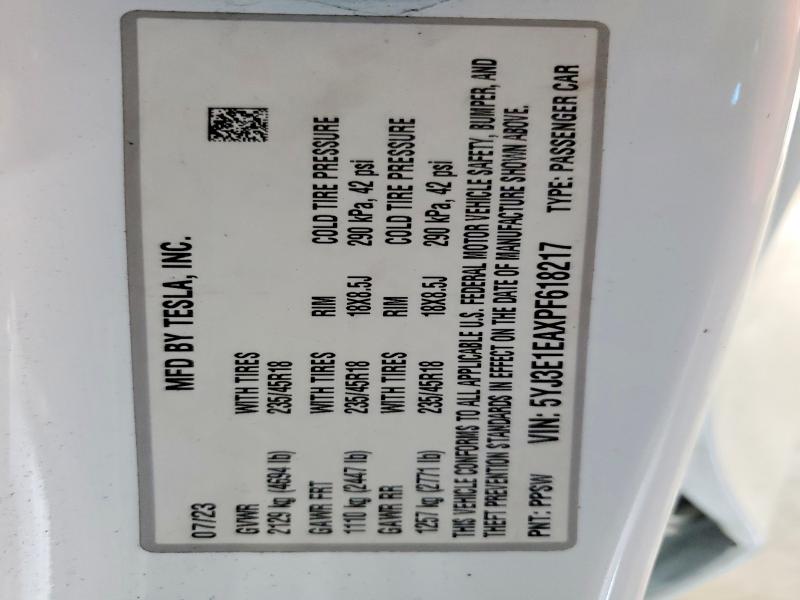 57351976 :رقم المزاد ، 5YJ3E1EAXPF618217 vin ، 2023 Tesla Model 3 مزاد بيع